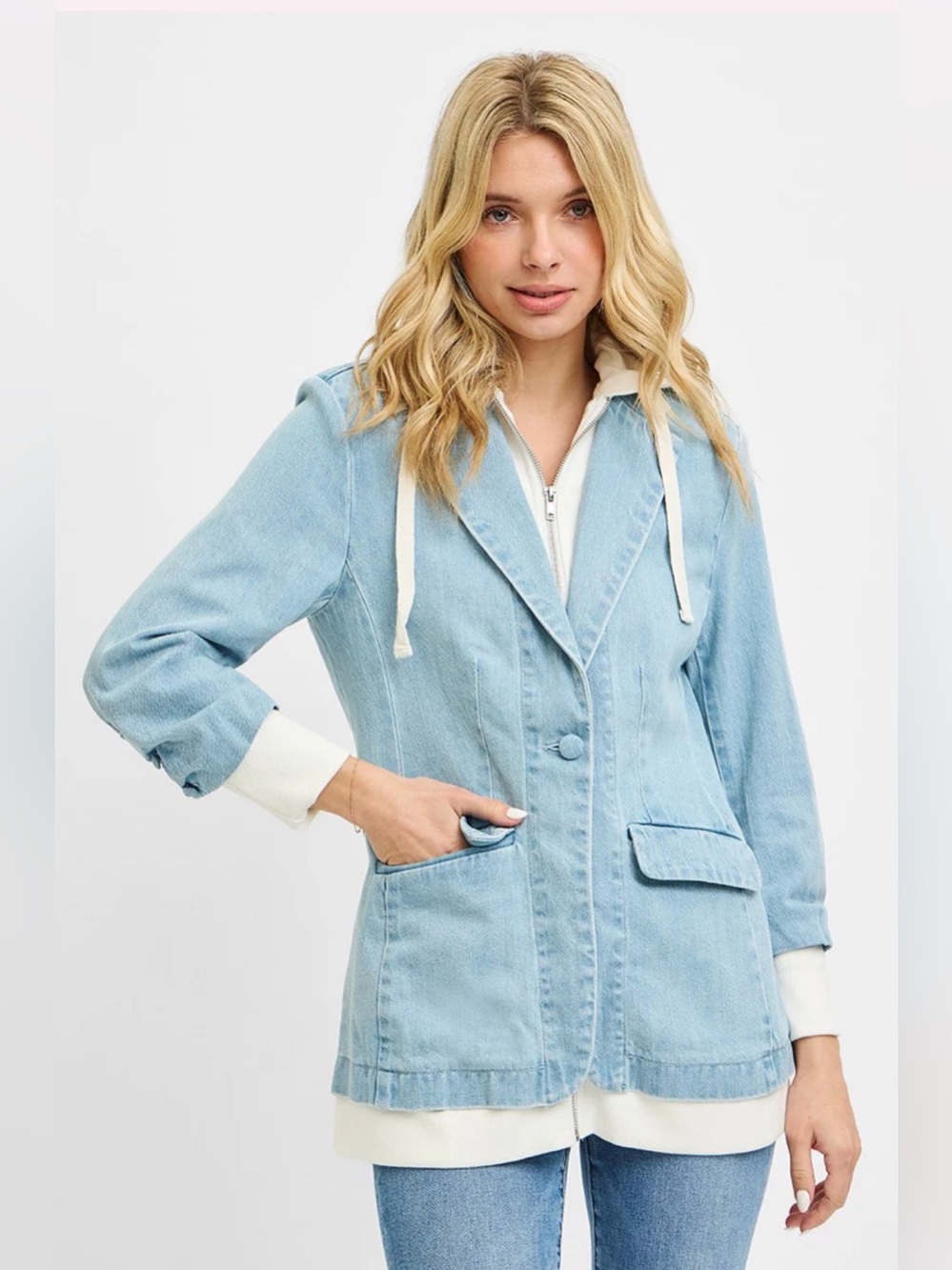 Risen light washed one button blazer with hoodie jacket in size XL
